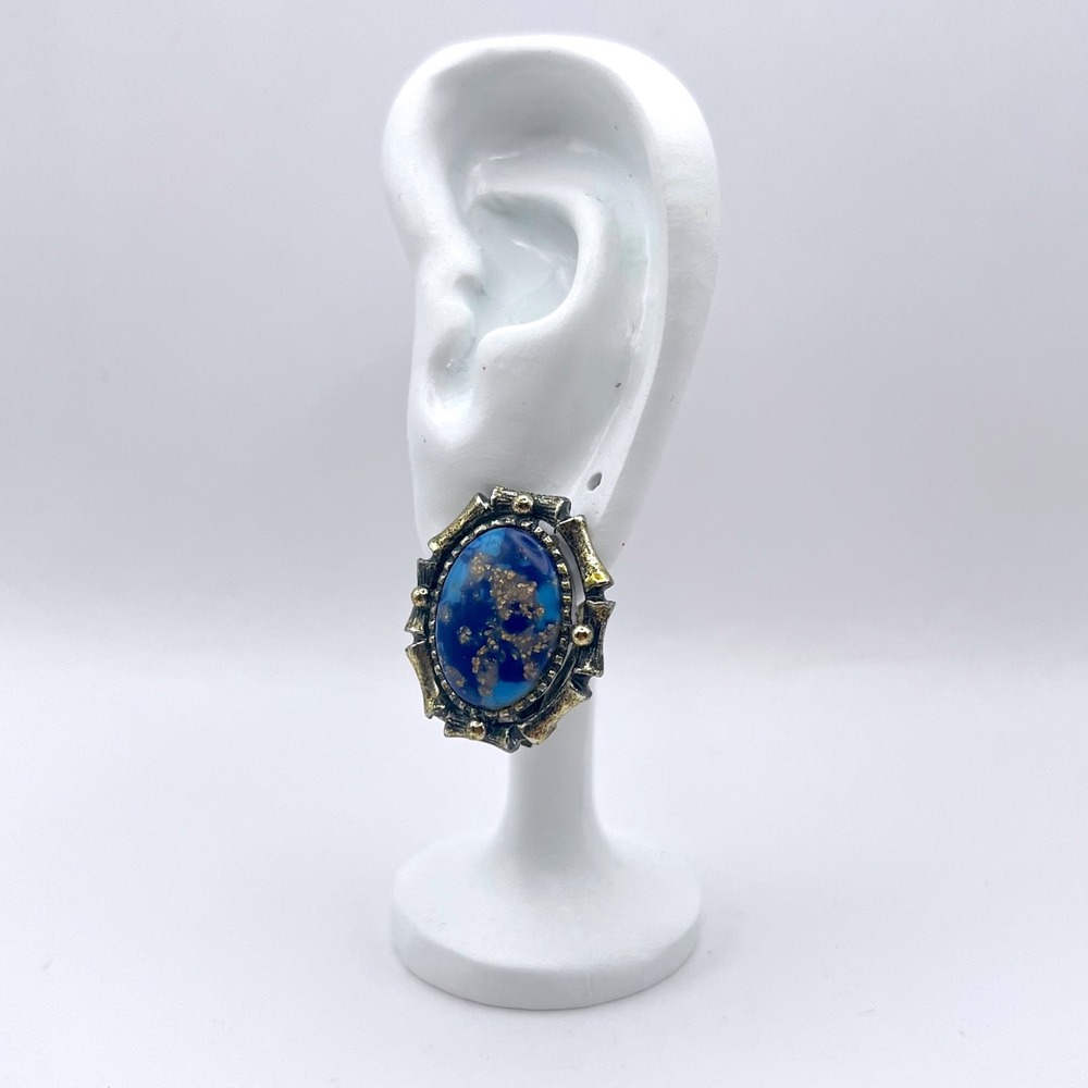 Vintage Blue Goldstone Oval Clip On Earrings‎ Textured Gold Tone Setting MCM